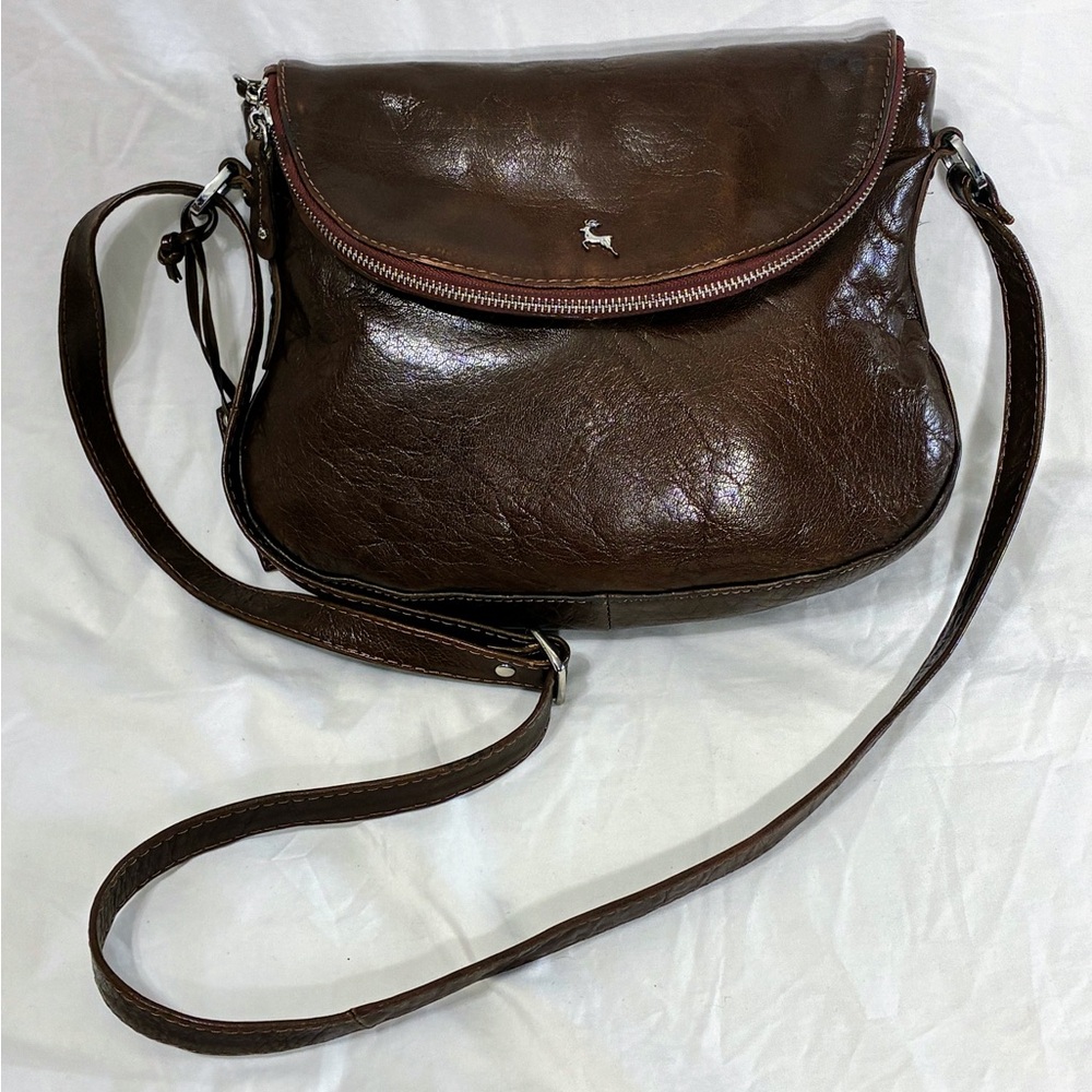 Ashwood genuine leather crossbody/shoulder bag deep brown glossy pockets